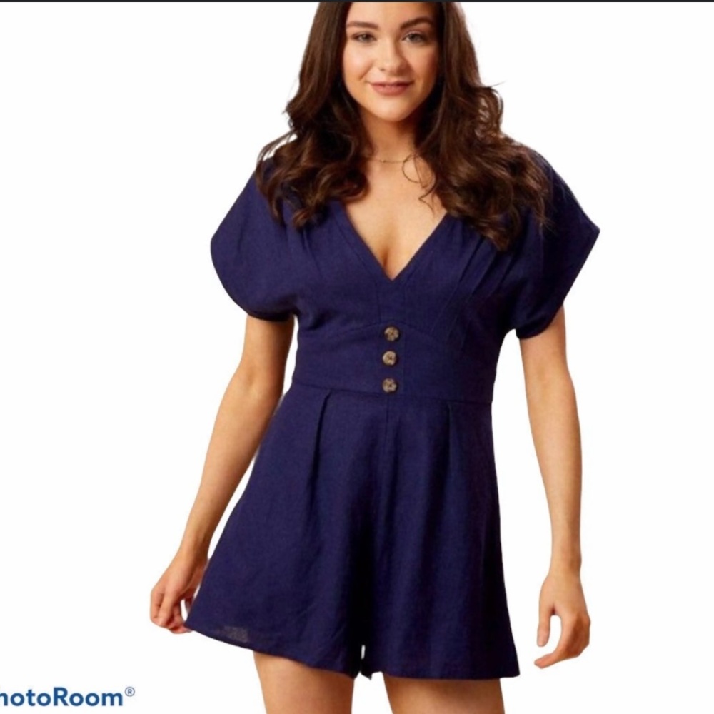 Altar’d State Linen Blend Navy Blue Romper Size Med